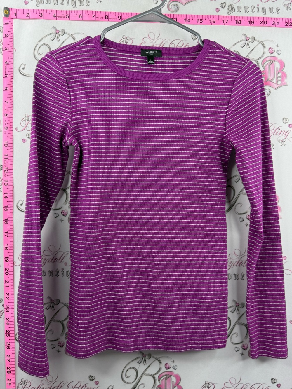 Talbots striped top Purple silver sparkly Striped Long-Sleeve Crewneck Top
